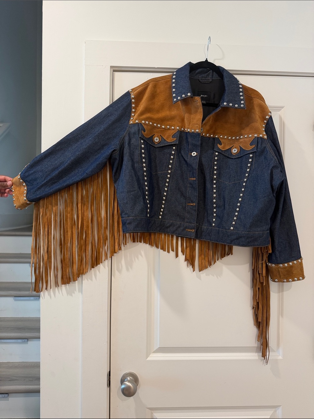 Nasty Gal Denim & Tan Suede Fringe Western Jacket - Picture 2 of 6